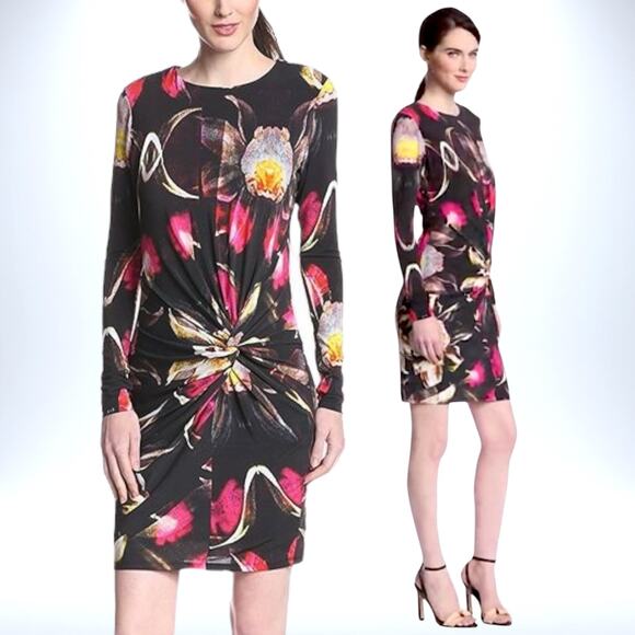 TED BAKER Long Sleeve Sheath Dress Twisted Knot Ruched Floral Cocktail Office - Picture 1 of 12